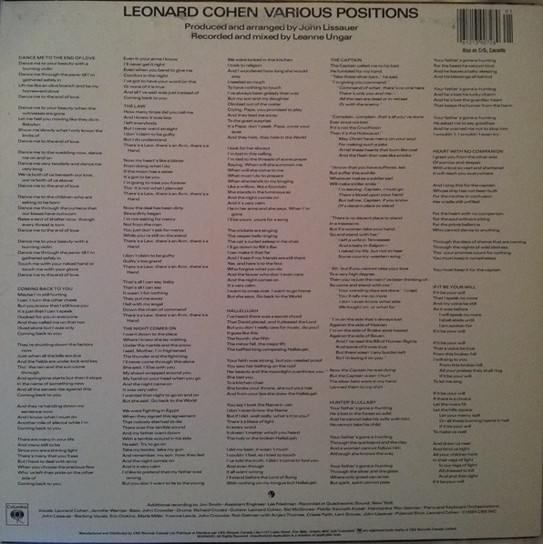 Leonard Cohen - Various Positions (LP, Album) (Mint (M)) - Image 2