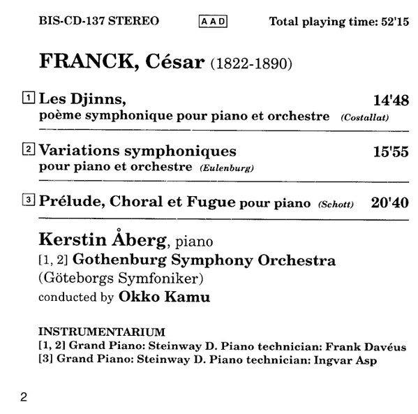 César Franck, Kerstin Åberg, Göteborgs Symfoniker, Okko Kamu - The Music For Piano & Orchestra / Prelude, Chorale & Fugue (CD, Album) (Near Mint (NM or M-)) - Image 2