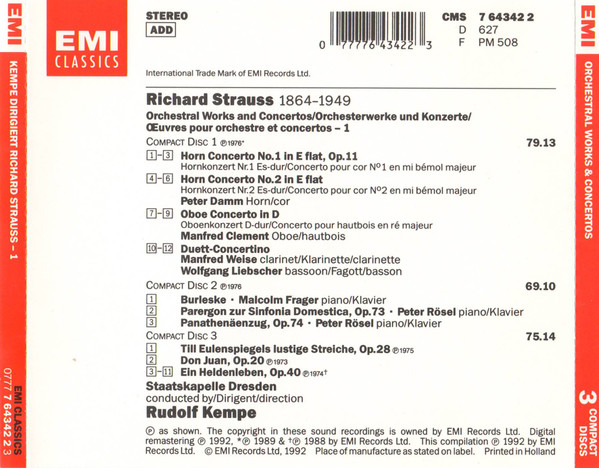 Rudolf Kempe, Richard Strauss - Kempe Conducts Richard Strauss - 1: Orchestral Works & Concertos (3xCD, Comp, RM) (Near Mint (NM or M-)) - Image 3