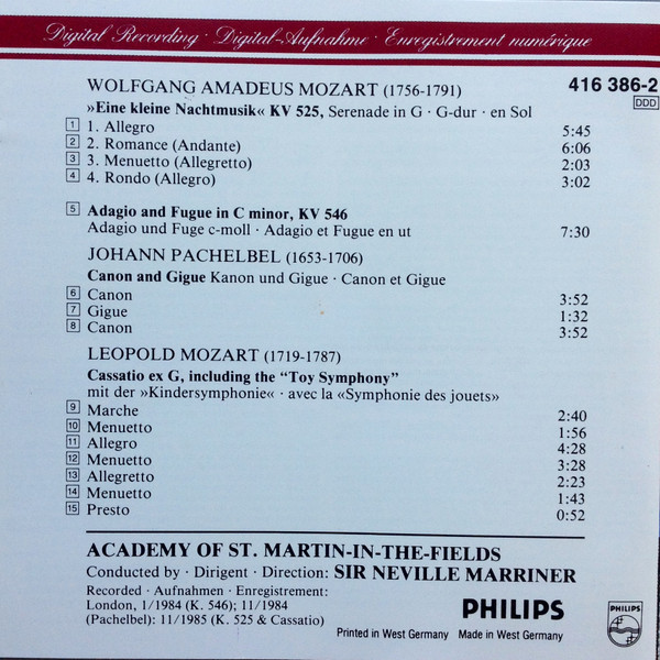 Wolfgang Amadeus Mozart, Johann Pachelbel, Leopold Mozart, The Academy Of St. Martin-in-the-Fields, Sir Neville Marriner - Eine Kleine Nachtmusik, Canon, Toy Symphony (CD) (Near Mint (NM or M-)) - Image 2