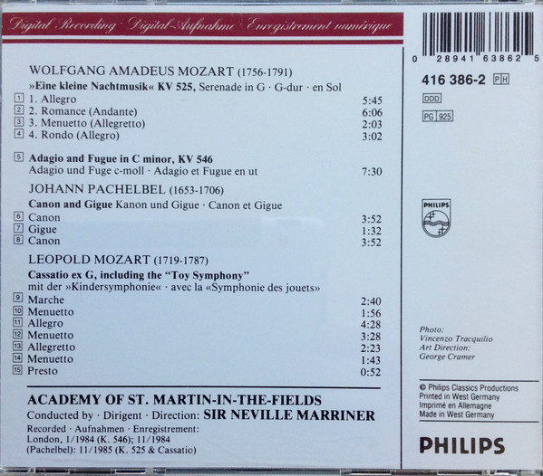 Wolfgang Amadeus Mozart, Johann Pachelbel, Leopold Mozart, The Academy Of St. Martin-in-the-Fields, Sir Neville Marriner - Eine Kleine Nachtmusik, Canon, Toy Symphony (CD) (Near Mint (NM or M-)) - Image 4
