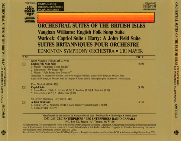 Ralph Vaughan Williams / Peter Warlock / Sir Hamilton Harty - Edmonton Symphony Orchestra • Uri Mayer - Orchestral Suites Of The British Isles = Suites Britanniques Pour Orchestre (CD, Comp) (Near Mint (NM or M-)) - Image 2