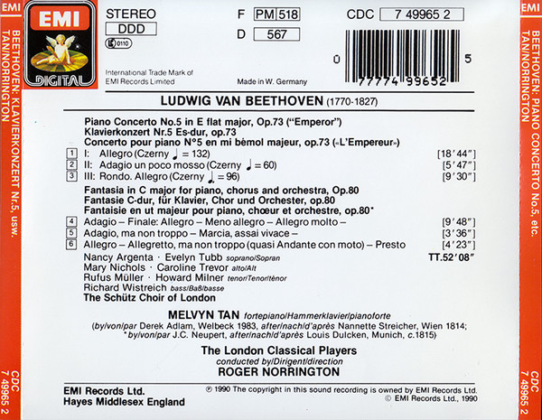 Ludwig van Beethoven, Melvyn Tan, The Schütz Choir Of London, London Classical Players, Roger Norrington - Piano Concerto 5 "Emperor" / Choral Fantasia (CD, Album) (Near Mint (NM or M-)) - Image 2