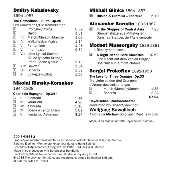 Dmitry Kabalevsky, Nikolai Rimsky-Korsakov, Mikhail Ivanovich Glinka, Alexander Borodin, Modest Mussorgsky, Sergei Prokofiev, Bayerisches Staatsorchester, Wolfgang Sawallisch - Suite: The Comedians (CD) (Near Mint (NM or M-)) - Image 2