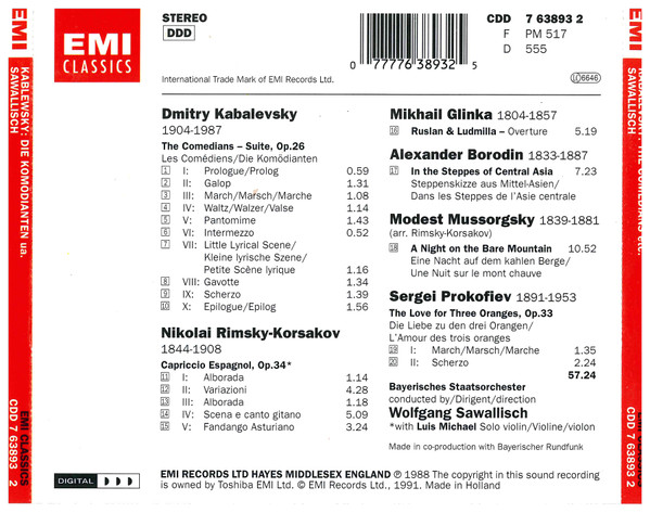 Dmitry Kabalevsky, Nikolai Rimsky-Korsakov, Mikhail Ivanovich Glinka, Alexander Borodin, Modest Mussorgsky, Sergei Prokofiev, Bayerisches Staatsorchester, Wolfgang Sawallisch - Suite: The Comedians (CD) (Near Mint (NM or M-)) - Image 3