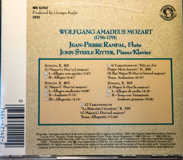 Wolfgang Amadeus Mozart, Jean-Pierre Rampal, John Steele Ritter - Sonatas And Variations (CD, Album) (Near Mint (NM or M-)) - Image 2
