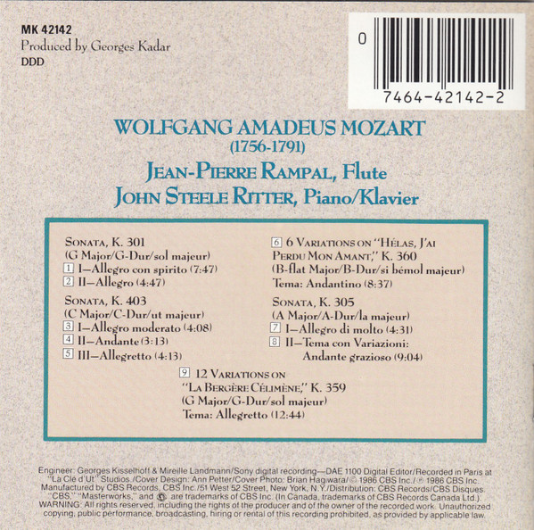 Wolfgang Amadeus Mozart, Jean-Pierre Rampal, John Steele Ritter - Sonatas And Variations (CD, Album) (Near Mint (NM or M-)) - Image 4