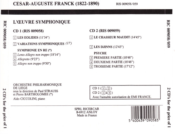 César Franck, Aldo Ciccolini, Orchestre Philharmonique De Liège, Paul Strauss, Pierre Bartholomée - L'Œuvre Symphonique (CD, RE) (Near Mint (NM or M-)) - Image 2