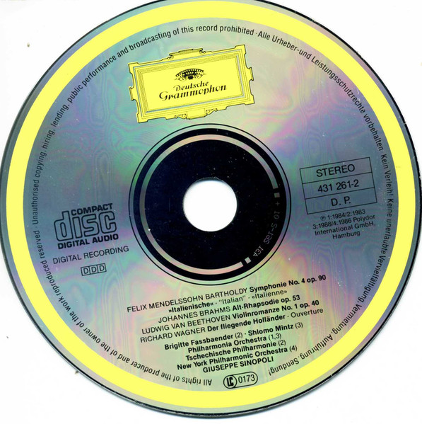Giuseppe Sinopoli - Felix Mendelssohn-Bartholdy, Johannes Brahms, Ludwig van Beethoven, Richard Wagner - Symphonie No.4 'Italienische - Italian - Italienne', Alt-Rhapsodie, Violinromance No.1, Der Fliegende Hollander-Overtüre (CD, Album, Comp) (Near Mint (NM or M-)) - Image 3