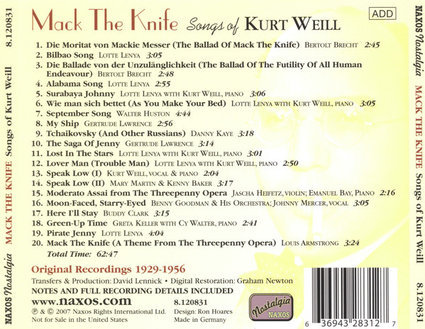Various - Mack The Knife - Songs Of Kurt Weill (CD, Comp) (Near Mint (NM or M-)) - Image 2