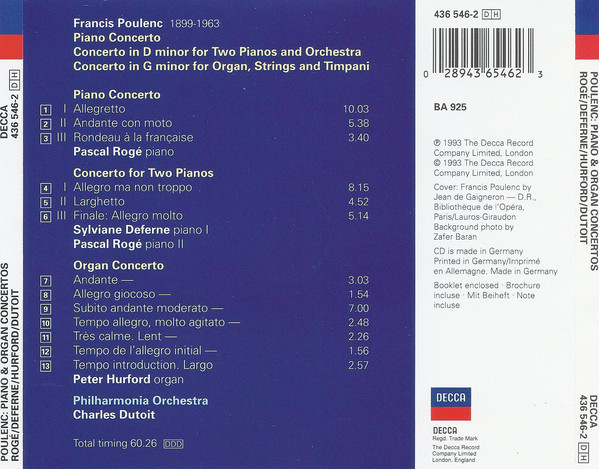 Francis Poulenc, Pascal Rogé, Sylviane Deferne, Peter Hurford, Philharmonia Orchestra, Charles Dutoit - Piano Concerto / Concerto For 2 Pianos / Organ Concerto (CD) (Mint (M)) - Image 2