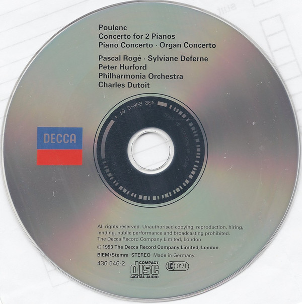 Francis Poulenc, Pascal Rogé, Sylviane Deferne, Peter Hurford, Philharmonia Orchestra, Charles Dutoit - Piano Concerto / Concerto For 2 Pianos / Organ Concerto (CD) (Mint (M)) - Image 3