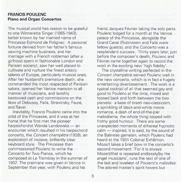 Francis Poulenc, Pascal Rogé, Sylviane Deferne, Peter Hurford, Philharmonia Orchestra, Charles Dutoit - Piano Concerto / Concerto For 2 Pianos / Organ Concerto (CD) (Mint (M)) - Image 5