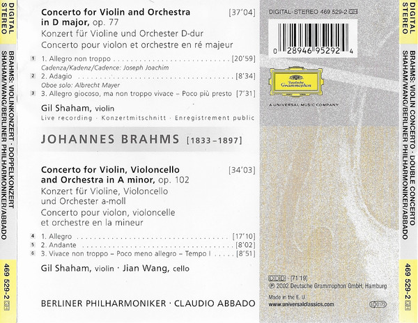 Johannes Brahms - Gil Shaham, Jian Wang, Berliner Philharmoniker, Claudio Abbado - Violin Concerto | Double Concerto (CD, Album) (Near Mint (NM or M-)) - Image 2