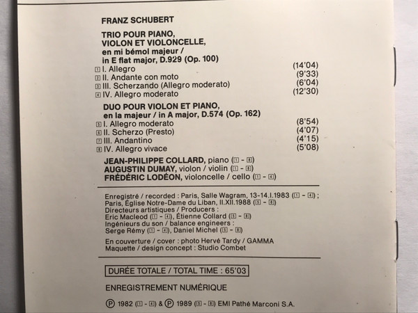 Franz Schubert, Jean-Philippe Collard, Augustin Dumay, Frédéric Lodéon - Trio En Mi Bemol Majeur Op.100, Grand Duo En La Majeur, Op.162 (CD, Album, RE) (Near Mint (NM or M-)) - Image 2