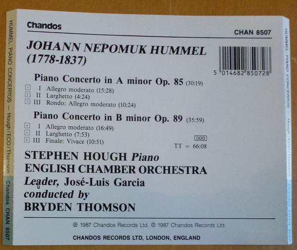 Johann Nepomuk Hummel - Stephen Hough, English Chamber Orchestra Conducted By Bryden Thomson - Piano Concerto In B Minor Op.89 / Piano Concerto In A Minor Op.85 (CD, Album, RE) (Near Mint (NM or M-)) - Image 2
