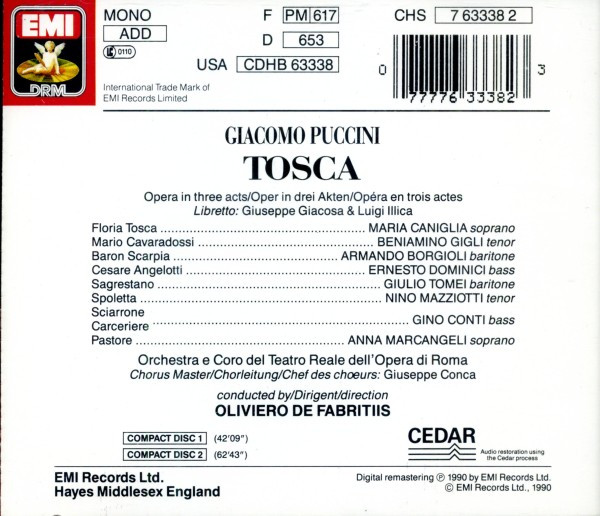 Giacomo Puccini - Maria Caniglia, Beniamino Gigli, Armando Borgioli, Orchestra Del Teatro Dell'Opera Di Roma E Coro Del Teatro Dell'Opera Di Roma, Oliviero De Fabritiis - Tosca (2xCD, RE, RM) (Near Mint (NM or M-)) - Image 2