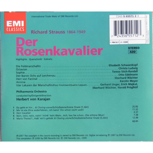 Richard Strauss, Elisabeth Schwarzkopf, Christa Ludwig, Teresa Stich-Randall, Otto Edelmann, Philharmonia Orchestra And Philharmonia Chorus, Herbert von Karajan - Der Rosenkavalier Highlights (CD, Album, RE, RM) (Near Mint (NM or M-)) - Image 2