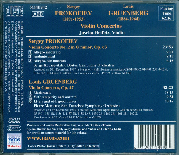 Sergei Prokofiev, Louis Gruenberg, Jascha Heifetz, Boston Symphony Orchestra, Serge Koussevitzky, San Francisco Symphony, Pierre Monteux - Violin Concertos (Historical Recordings 1937 & 1945) (CD, Comp, RM) (Near Mint (NM or M-)) - Image 2