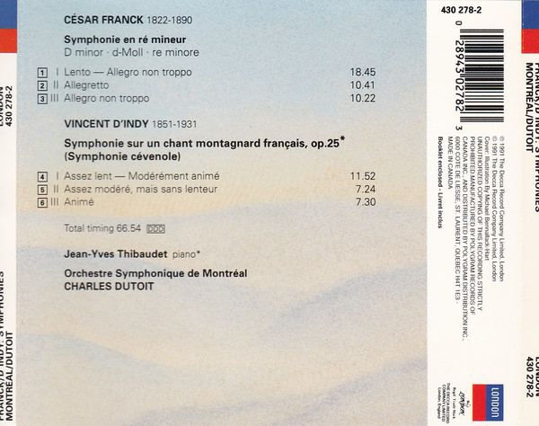 César Franck, Vincent d'Indy - Jean-Yves Thibaudet, Charles Dutoit, Orchestre symphonique de Montréal - Symphonie • Symphonie Sur Un Chant Montagnard Français (CD, Album) (Near Mint (NM or M-)) - Image 2