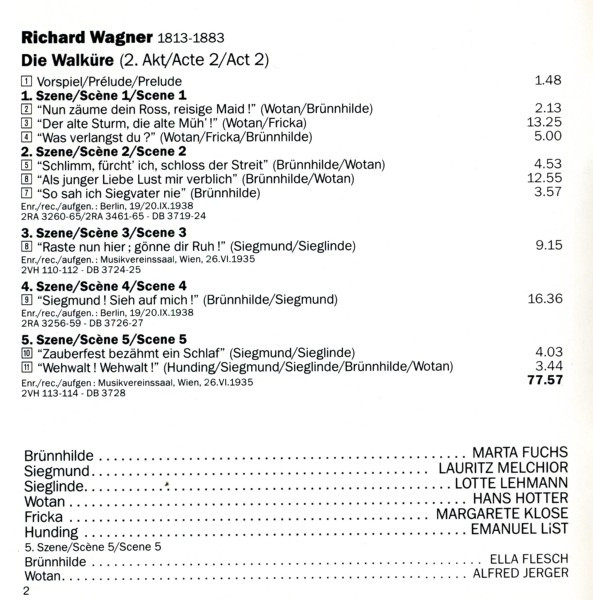Richard Wagner - Marta Fuchs, Hans Hotter, Lotte Lehmann, Lauritz Melchior, Margarete Klose, Emanuel List, Bruno Walter / Bruno Seidler-Winkler - Die Walküre: 2.Akt / Acte 2 / Act 2 (CD, Comp, RE, RM) (Near Mint (NM or M-)) - Image 2