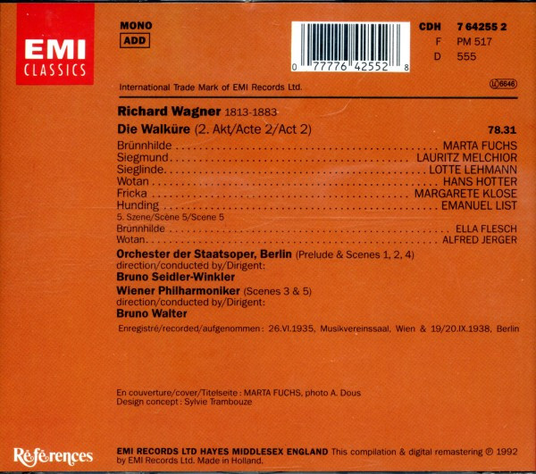 Richard Wagner - Marta Fuchs, Hans Hotter, Lotte Lehmann, Lauritz Melchior, Margarete Klose, Emanuel List, Bruno Walter / Bruno Seidler-Winkler - Die Walküre: 2.Akt / Acte 2 / Act 2 (CD, Comp, RE, RM) (Near Mint (NM or M-)) - Image 4