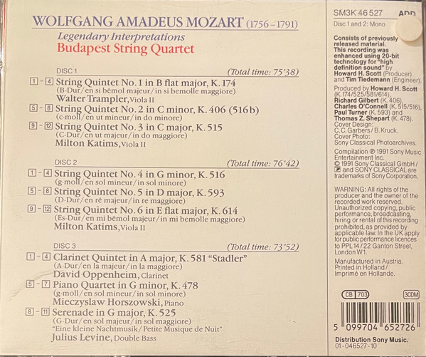 Wolfgang Amadeus Mozart - Budapest String Quartet, Walter Trampler, Milton Katims, Mieczyslaw Horszowski, David Oppenheim, Julius Levine - String Quintets No.1-6 / Clarinet Quintet K.581 / Piano Quartet K.478 / "Eine Kleine Nachtmusik" K.525" (3xCD, Comp, Mono, RE, RM + Box, Comp) (Near Mint (NM or M-)) - Image 2