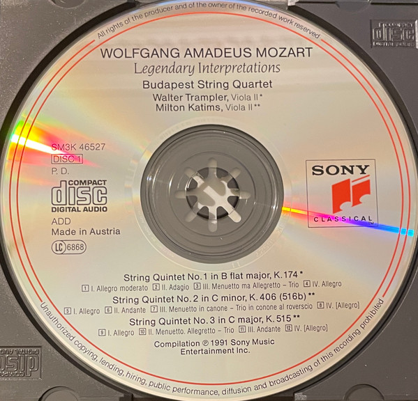 Wolfgang Amadeus Mozart - Budapest String Quartet, Walter Trampler, Milton Katims, Mieczyslaw Horszowski, David Oppenheim, Julius Levine - String Quintets No.1-6 / Clarinet Quintet K.581 / Piano Quartet K.478 / "Eine Kleine Nachtmusik" K.525" (3xCD, Comp, Mono, RE, RM + Box, Comp) (Near Mint (NM or M-)) - Image 4