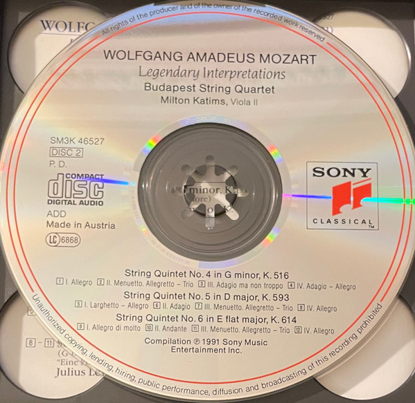 Wolfgang Amadeus Mozart - Budapest String Quartet, Walter Trampler, Milton Katims, Mieczyslaw Horszowski, David Oppenheim, Julius Levine - String Quintets No.1-6 / Clarinet Quintet K.581 / Piano Quartet K.478 / "Eine Kleine Nachtmusik" K.525" (3xCD, Comp, Mono, RE, RM + Box, Comp) (Near Mint (NM or M-)) - Image 5