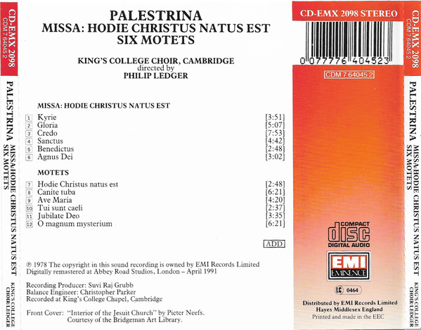 Giovanni Pierluigi da Palestrina, The King's College Choir Of Cambridge, Philip Ledger - Missa Hodie Christus Natus Est And Six Motets (CD, RM) (Near Mint (NM or M-)) - Image 2