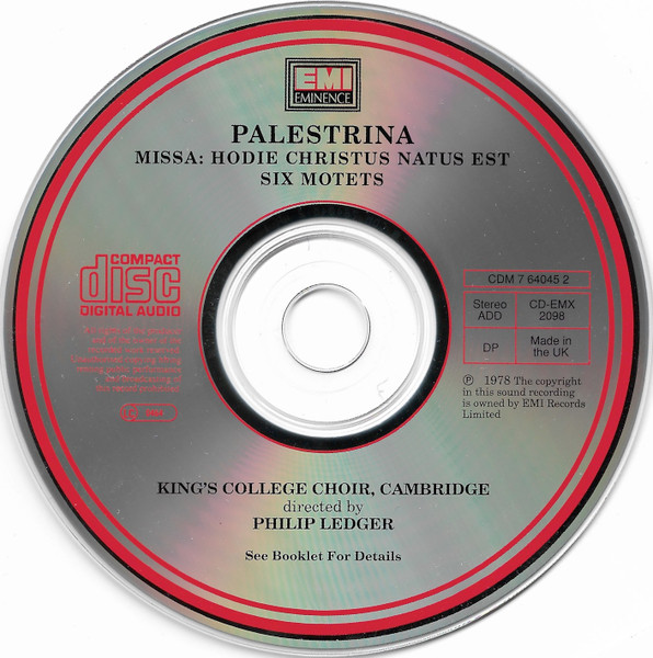 Giovanni Pierluigi da Palestrina, The King's College Choir Of Cambridge, Philip Ledger - Missa Hodie Christus Natus Est And Six Motets (CD, RM) (Near Mint (NM or M-)) - Image 3