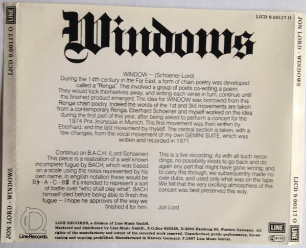 Jon Lord - Windows (CD, Album, RE, No ) (Near Mint (NM or M-)) - Image 2