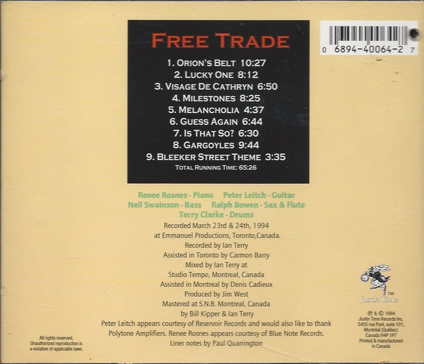 Free Trade (2), Peter Leitch, Renee Rosnes, Neil Swainson, Ralph Bowen, Terry Clarke - Free Trade (CD, Album) (Near Mint (NM or M-)) - Image 2