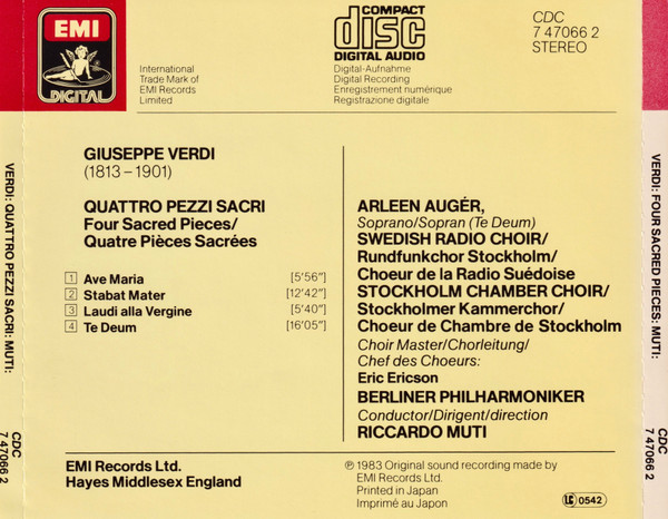 Giuseppe Verdi - Radiokören & Kammarkören, Berliner Philharmoniker, Arleen Auger, Riccardo Muti - Quattro Pezzi Sacri - Four Sacred Pieces (CD, Album) (Near Mint (NM or M-)) - Image 2