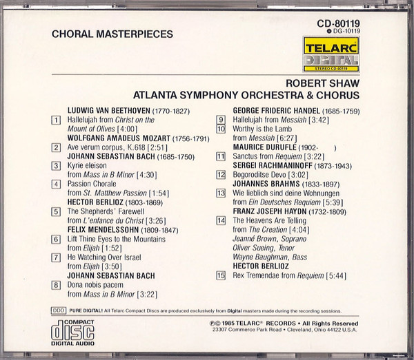 Robert Shaw, Atlanta Symphony Orchestra & Atlanta Symphony Chorus - Choral Masterpieces (CD, Album) (Near Mint (NM or M-)) - Image 2