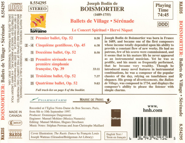 Joseph Bodin de Boismortier - Le Concert Spirituel • Hervé Niquet - Ballets De Village • Sérénade (CD, Album) (Near Mint (NM or M-)) - Image 2
