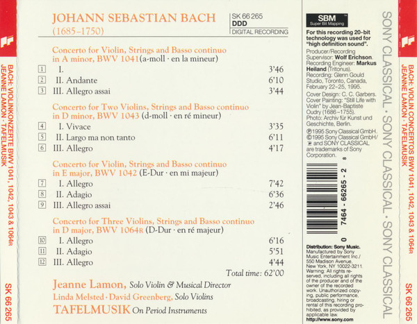 Johann Sebastian Bach, Jeanne Lamon, Tafelmusik Baroque Orchestra - Violin Concertos, BWV 1041 • 1042 • 1043 • 1064 (CD, Album) (Near Mint (NM or M-)) - Image 2