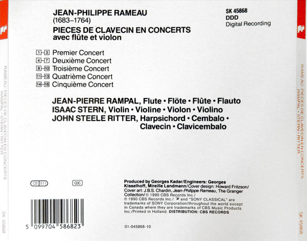 Jean-Philippe Rameau, Jean-Pierre Rampal, Isaac Stern, John Steele Ritter - Pièces De Clavecin En Concerts Avec Flûte Et Violon (CD) (Near Mint (NM or M-)) - Image 2
