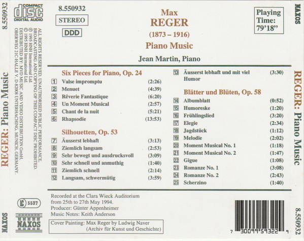 Max Reger, Jean Martin - Piano Music Six Pieces For Piano, Op. 24 - Silhouetten - Blätter Und Blüten (CD, Album) (Near Mint (NM or M-)) - Image 2