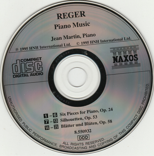 Max Reger, Jean Martin - Piano Music Six Pieces For Piano, Op. 24 - Silhouetten - Blätter Und Blüten (CD, Album) (Near Mint (NM or M-)) - Image 3