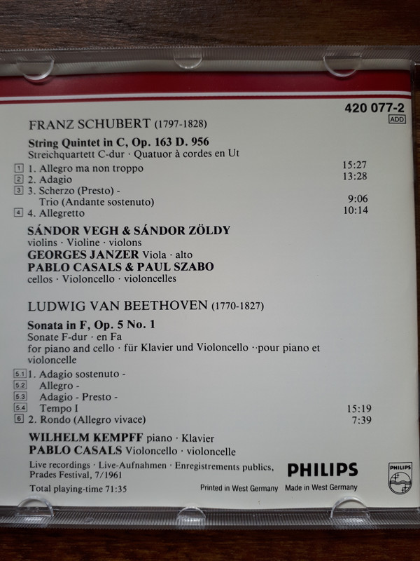 Franz Schubert, Ludwig van Beethoven, Pablo Casals, Wilhelm Kempff, Sándor Végh, Sándor Zöldy, Georges Janzer, Paul Szabo - String Quintet In C; Sonata For Piano And Cello Op. 5 No. 1 In F (CD, Album) (Near Mint (NM or M-)) - Image 3