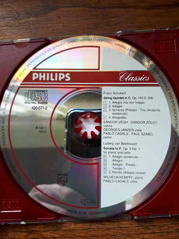 Franz Schubert, Ludwig van Beethoven, Pablo Casals, Wilhelm Kempff, Sándor Végh, Sándor Zöldy, Georges Janzer, Paul Szabo - String Quintet In C; Sonata For Piano And Cello Op. 5 No. 1 In F (CD, Album) (Near Mint (NM or M-)) - Image 4