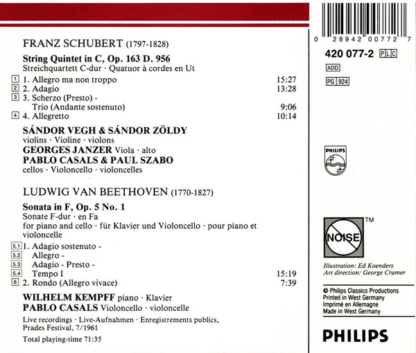 Franz Schubert, Ludwig van Beethoven, Pablo Casals, Wilhelm Kempff, Sándor Végh, Sándor Zöldy, Georges Janzer, Paul Szabo - String Quintet In C; Sonata For Piano And Cello Op. 5 No. 1 In F (CD, Album) (Near Mint (NM or M-)) - Image 5