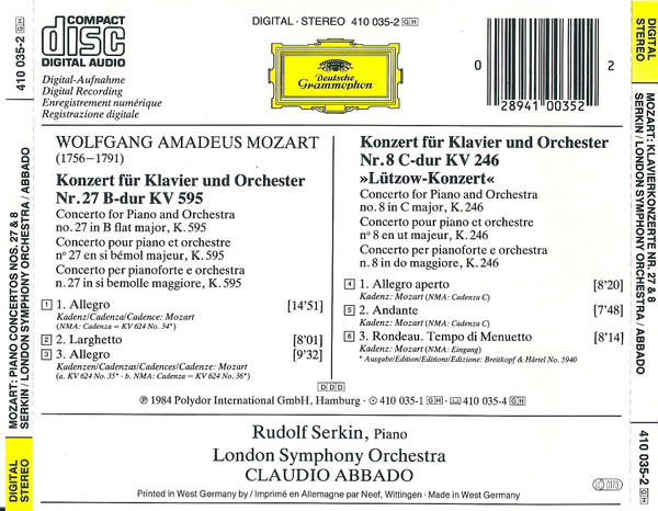 Wolfgang Amadeus Mozart - London Symphony Orchestra, Rudolf Serkin, Claudio Abbado - Klavierkonzerte · Piano Concertos Nos. 27 & 8 (CD) (Near Mint (NM or M-)) - Image 2