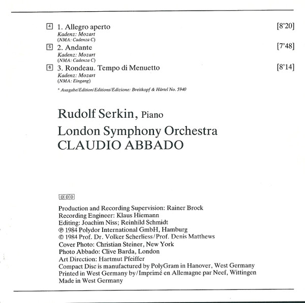Wolfgang Amadeus Mozart - London Symphony Orchestra, Rudolf Serkin, Claudio Abbado - Klavierkonzerte · Piano Concertos Nos. 27 & 8 (CD) (Near Mint (NM or M-)) - Image 5
