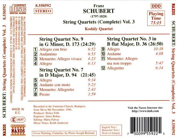 Franz Schubert, Kodály Quartet - String Quartets (Complete) Vol. 3 (No. 9 / No. 7 / No. 3) (CD, Album) (Near Mint (NM or M-)) - Image 2