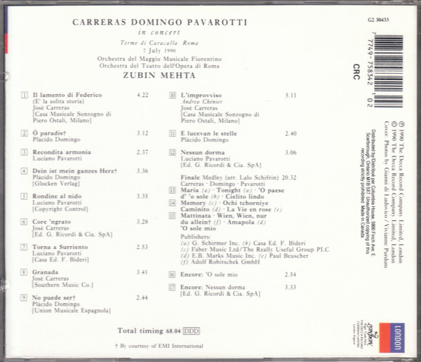 José Carreras, Placido Domingo, Luciano Pavarotti - In Concert (CD, Album, Club) (Near Mint (NM or M-)) - Image 3