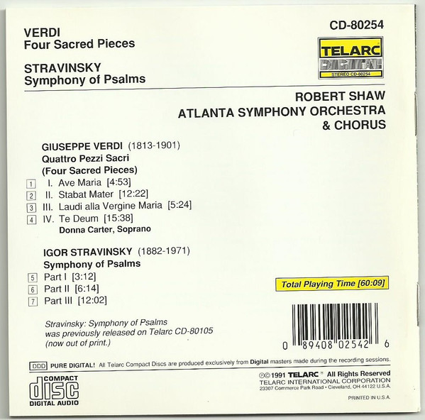 Giuseppe Verdi, Igor Stravinsky, Atlanta Symphony Orchestra & Atlanta Symphony Chorus, Robert Shaw - Verdi: Quattro Pezzi Sacri (Four Sacred Pieces); Stravinsky: Symphony Of Psalms (CD) (Near Mint (NM or M-)) - Image 2