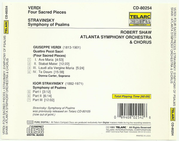 Giuseppe Verdi, Igor Stravinsky, Atlanta Symphony Orchestra & Atlanta Symphony Chorus, Robert Shaw - Verdi: Quattro Pezzi Sacri (Four Sacred Pieces); Stravinsky: Symphony Of Psalms (CD) (Near Mint (NM or M-)) - Image 4