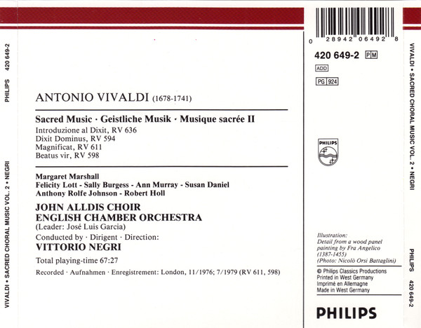 Antonio Vivaldi - John Alldis Choir, English Chamber Orchestra, Vittorio Negri - Sacred Choral Music - Das Geistliche Chorwerk Vol.2 (Magnificat RV 611 - Dixit Dominus - Beatus Vir) (CD) (Near Mint (NM or M-)) - Image 2